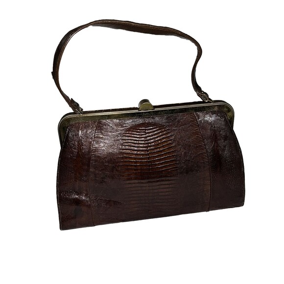 Vintage 50's Tegu Lizard Skin Kelly Hand Bag Mahogany Brushed Metal Clasp 14x9x4 - Picture 2 of 16